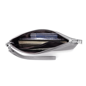 Grey pebbled leather clutch wallet with large capacity and phone storage compartment