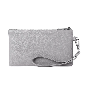 Grey lychee texture genuine leather clutch bag with silver zipper and wrist strap