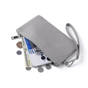 Gray genuine leather long wallet with wrist strap showing large capacity for phone and cards