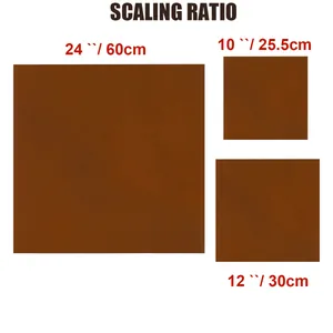 Size comparison chart for brown leather desk mats showing 60cm, 30cm, and 25.5cm scaling ratio