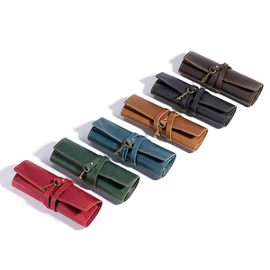 Handmade leather roll pencil wrap case in six vintage colors with key pendant closure