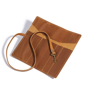Vintage brown genuine leather roll-up pouch for pens and watches with bronze key closure