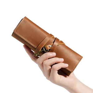 Vintage brown genuine leather roll-up pencil case with retro key metal pendant