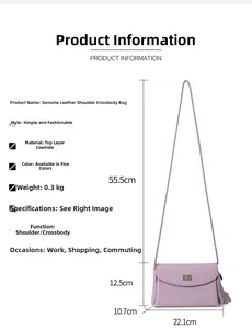 Cowhide leather crossbody bag dimensions and size specifications on a white background
