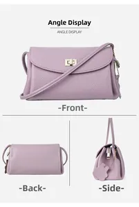 Detailed views of purple lychee grain leather crossbody bag with metal lock and side zipper