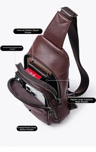 Macro detail of brown vegetable-tanned leather crossbody bag with organized inner pockets