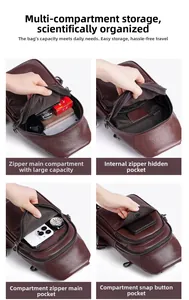 Detail view of brown leather crossbody bag with multiple zippered compartments and pockets