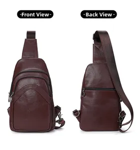 Front and back detail of a dark brown vegetable tanned leather crossbody chest bag