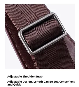 Macro detail of adjustable woven shoulder strap with metallic buckle and leather trim