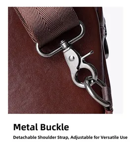 Macro shot of high-quality silver metal hook and leather texture on crossbody bag