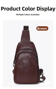 Detail view of brown textured leather crossbody chest bag with adjustable strap and zippers