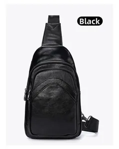 Close-up of black vegetable tanned leather chest bag with zipper detail and fine texture