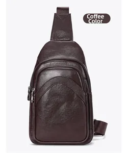 Detailed front view of dark coffee leather crossbody bag with three zipper pockets