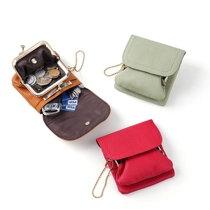 Portamonete Mini Vintage in Pelle di Vacchetta Primo Strato Donna Portafoglio in Vera Pelle a Grana Litchi Con Chiusura a Scatto Bottone Automatico Catenina Porta Carte
