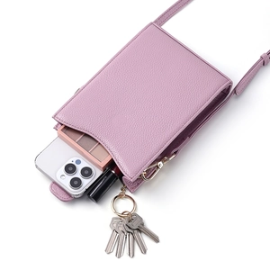 Mini bolso bandolera morado de cuero granulado para móvil con espacio para accesorios