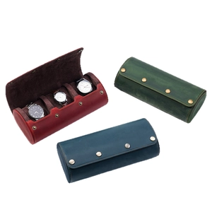 Custodia da viaggio in pelle per 3 orologi in verde blu e marrone con bottoni a pressione
