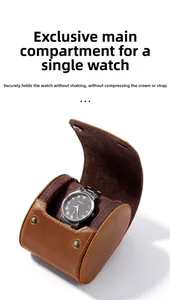 Macro detail of brown crazy horse leather watch box with secure metal snap button closure