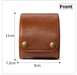 Detailed view of dark brown leather watch travel case with dimensions 11x9x7.5cm