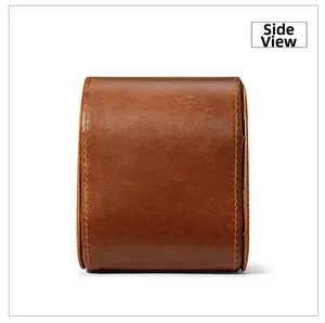 Side view of a brown crazy horse leather watch box with detailed handmade stitching