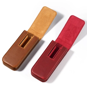Crazy Horse leather three-pen storage box case with magnetic closure in brown and burgundy
