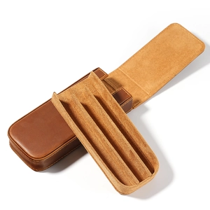 Brown crazy horse leather drawer pen case with three slots and magnetic closure