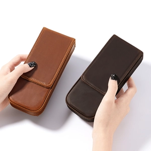 Genuine crazy horse leather pen case holder with magnetic drawer design in brown and tan