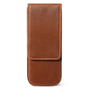 Retro brown crazy horse leather pen case with contrast yellow stitching and magnetic closure