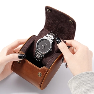 Single Watch Box Crazy Horse Genuine Cowhide Leather Vintage Travel Case Watch Organizer With Metal Snap Button Flannel Lining