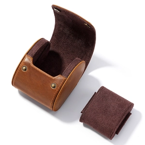 Brown crazy horse leather watch travel case with suede interior and metal snap buttons