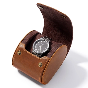 Crazy horse leather watch storage box with protective velvet lining and secure snap button
