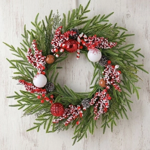 Weihnachtskranz Künstliche Kiefernnadeln Mit Beeren Zuckerstange Bälle Zapfen Glocken Für Haustür Wand Feiertagsdekoration