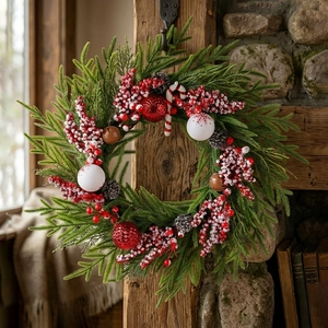 Weihnachtskranz mit Zapfen, Beeren und Zuckerstange auf rustikalem Holzbalken