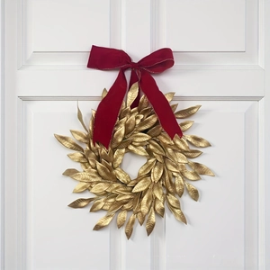 Golden Leaves Christmas Wreath With Red Velvet Bow Artificial Hanging Garland For Door Holiday Home Decor Elegant Style