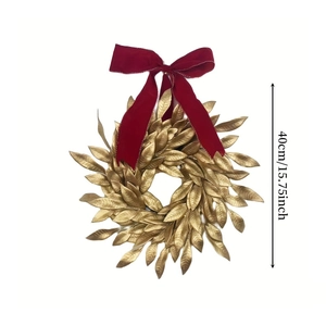 Golden leaf Christmas wreath with a red velvet bow, 40cm festive door hanging ornament