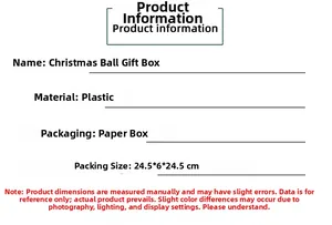 Detailed specifications of 60pcs Christmas ball gift box with dimensions and materials