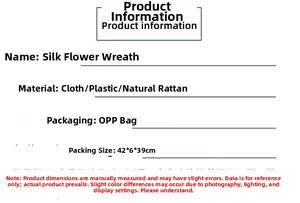 Detailed product size chart and material specs for the artificial rose wreath