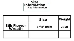 Detailed size chart for silk rose wreath showing 37x8x40cm and 285g weight specs
