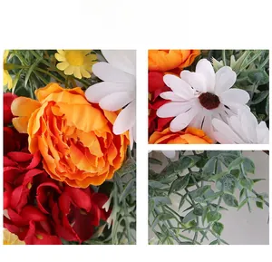 Detailed close-up of colorful artificial rose garland with realistic silk petals and leaves