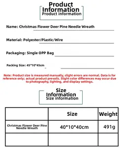 Detailed size chart for Christmas deer pine needle wreath with material and weight info