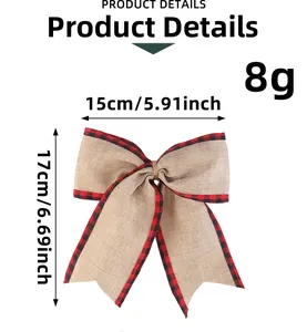 Detailed size parameters of 15x17cm burlap Christmas bow with red and black plaid edges
