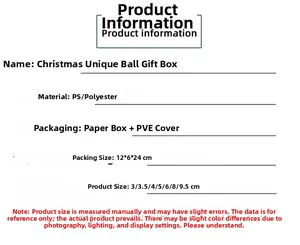 Size chart for Christmas candy cane and ball ornament set with dimensions and materials