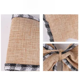Detail view of natural jute ribbon with black and white plaid edges for DIY Christmas crafts