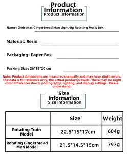Detailed size chart for resin Christmas gingerbread man music box with dimensions and weight