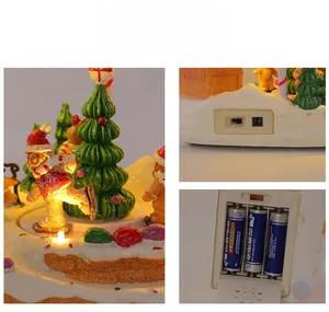 Detail showing DC power port and 3-AA battery compartment for Christmas music box
