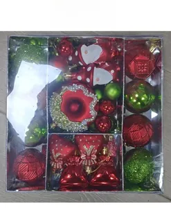 Detailed set of red and green Christmas ornaments with glitter stars and decorative balls