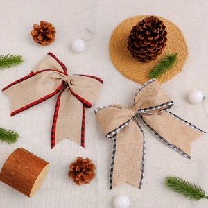 Linen Christmas bows with red and black buffalo plaid edges for tree and home decoration