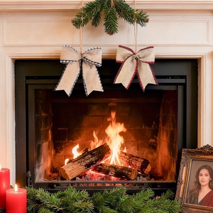Handmade burlap Christmas bows with black white and red plaid edges for tree decor