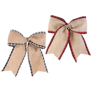 Burlap Christmas bows set with black white and red buffalo plaid edges for tree decor