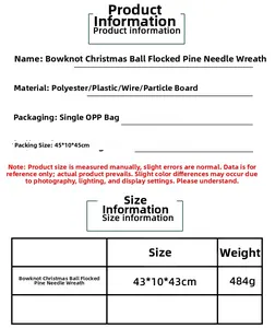 Detailed size chart for Christmas wreath with flocked pine needles and red bowknot