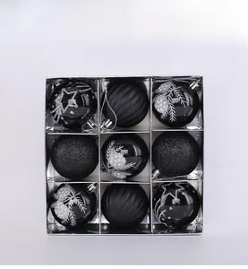 Detailed set of 9 black and silver Christmas ornaments with matte and glitter textures